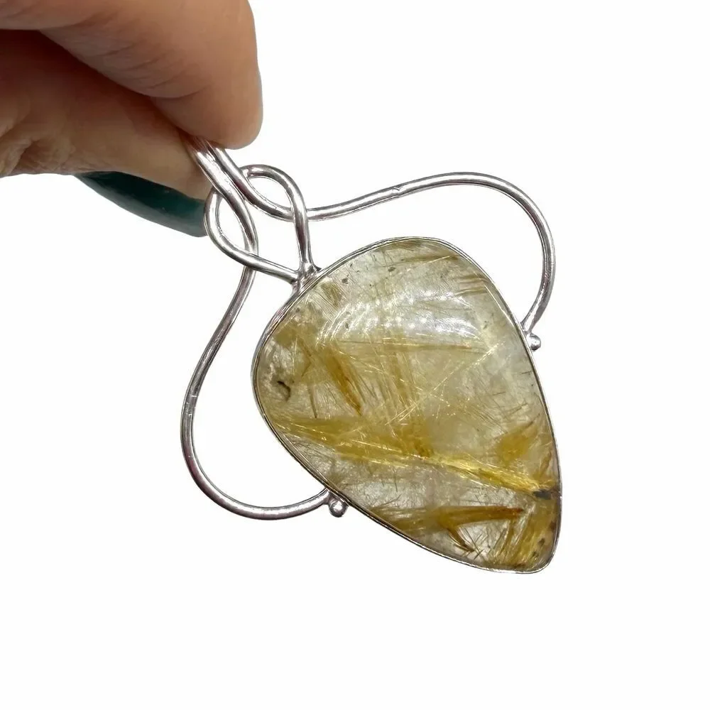 Golden Rutilated Quartz Necklace Pendant Solid 925 Sterling Silver Gold Rutile